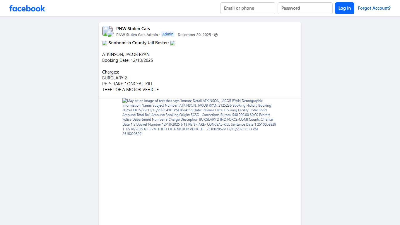 PNW Stolen Cars 🚓 **Snohomish County Jail Roster:** 🚓 Facebook